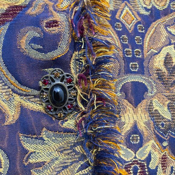 ICE Tapestry Brocade Jacket Size 12 Fringe Gold Navy Baroque Jeweled Buttons - Picture 12 of 16